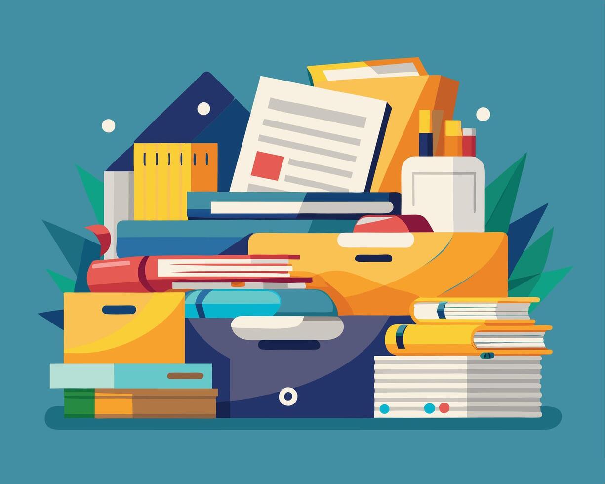 Paper document at office. Paperwork flat pile of box. Page heap, stacked cardboard with book. Business report. Messy unorganized unfinished routine workplace. Stack of file and folder vector