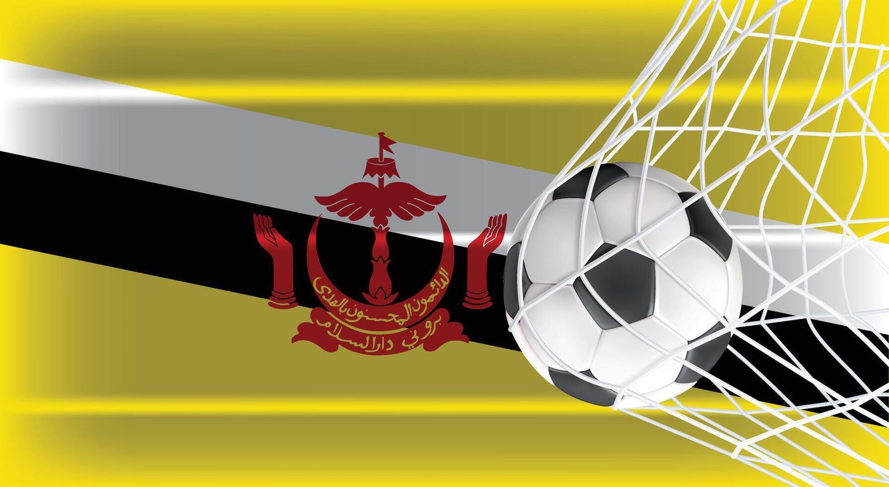 Soccer or Football ball in Goal Net Isolated on Brunei Shaded Flag, Sports Accessory Equipment for Playing Game, Championship and Competition Design Element Realistic 3D vector