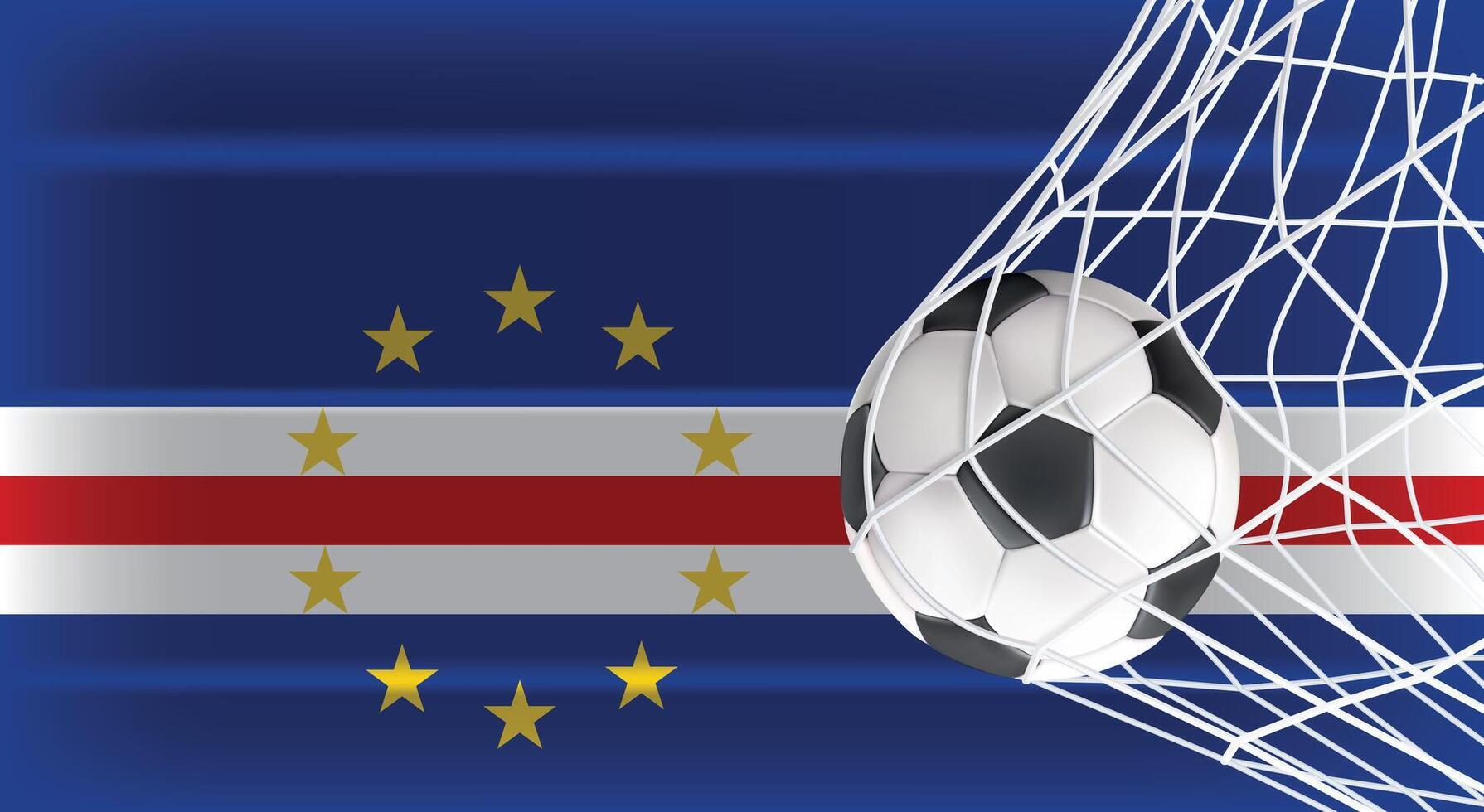 Soccer or Football ball in Goal Net Isolated on Cape Verde Shaded Flag, Sports Accessory Equipment for Playing Game, Championship and Competition Design Element Realistic 3D vector
