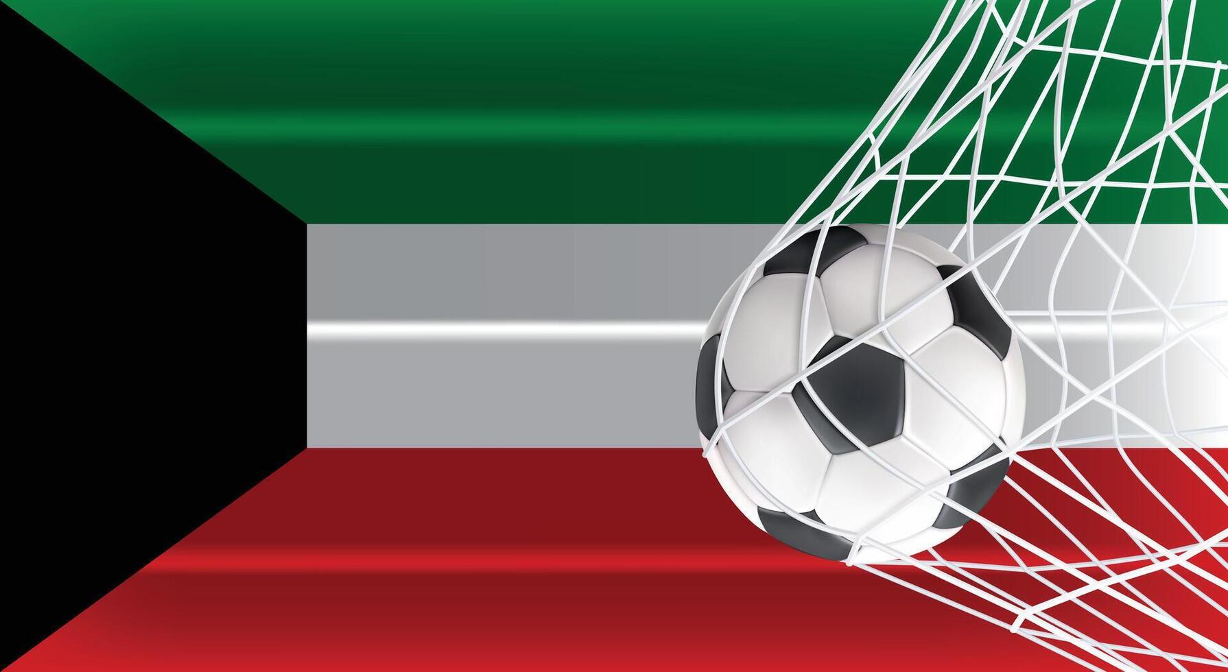 Soccer or Football ball in Goal Net Isolated on Kuwait Shaded Flag, Sports Accessory Equipment for Playing Game, Championship and Competition Design Element Realistic 3D vector