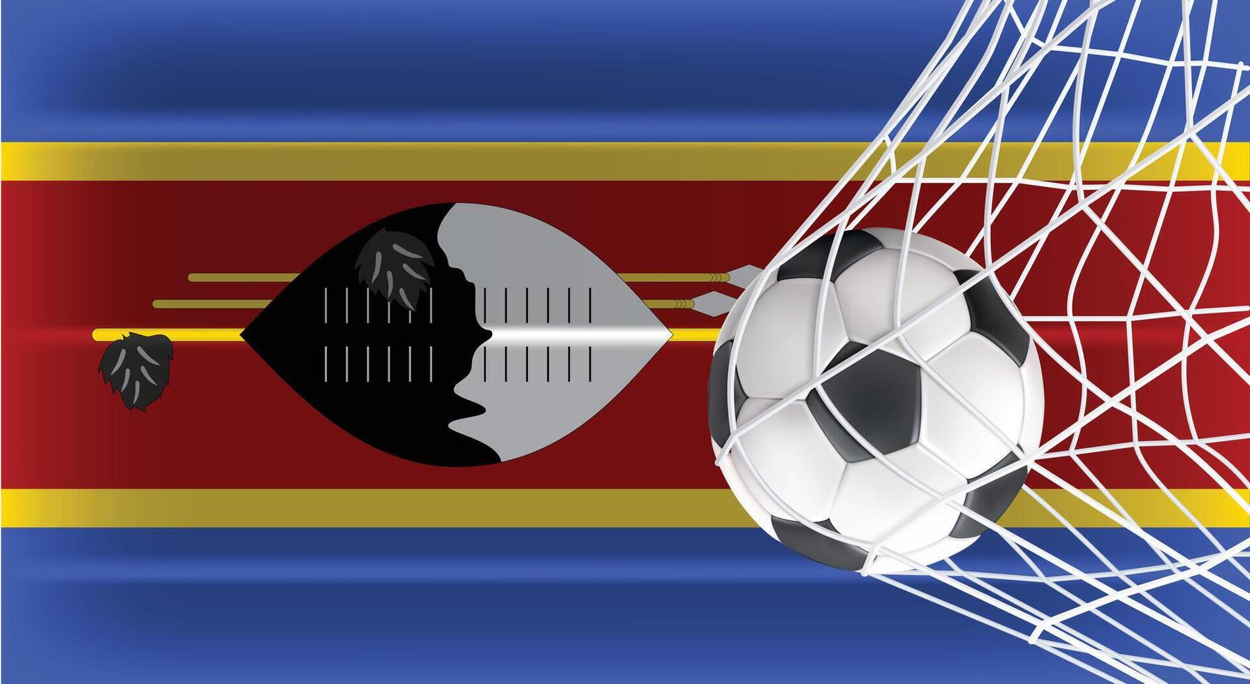 Soccer or Football ball in Goal Net Isolated on Eswatini Shaded Flag, Sports Accessory Equipment for Playing Game, Championship and Competition Design Element Realistic 3D vector