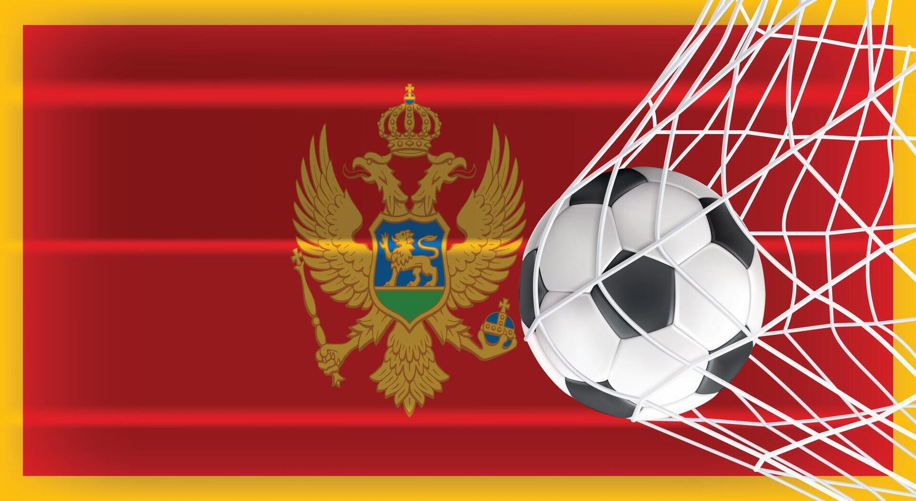 Soccer or Football ball in Goal Net Isolated on Montenegro Shaded Flag, Sports Accessory Equipment for Playing Game, Championship and Competition Design Element Realistic 3D vector