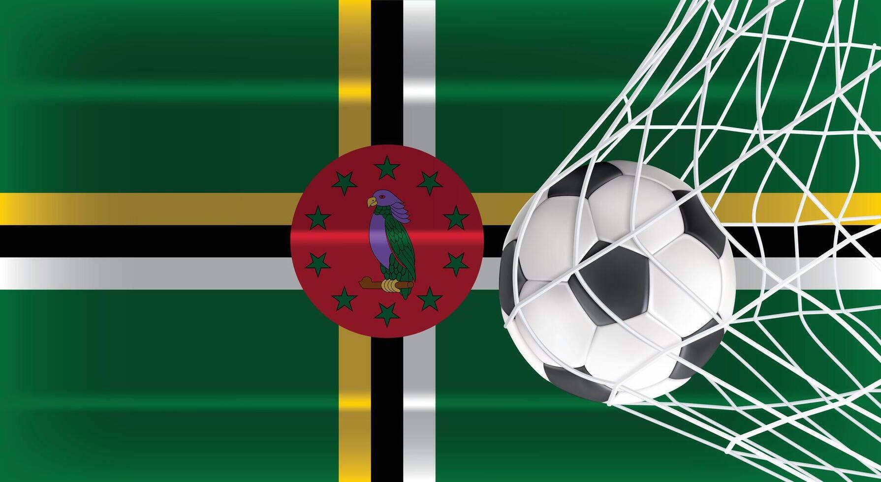 Soccer or Football ball in Goal Net Isolated on Dominica Shaded Flag, Sports Accessory Equipment for Playing Game, Championship and Competition Design Element Realistic 3D vector