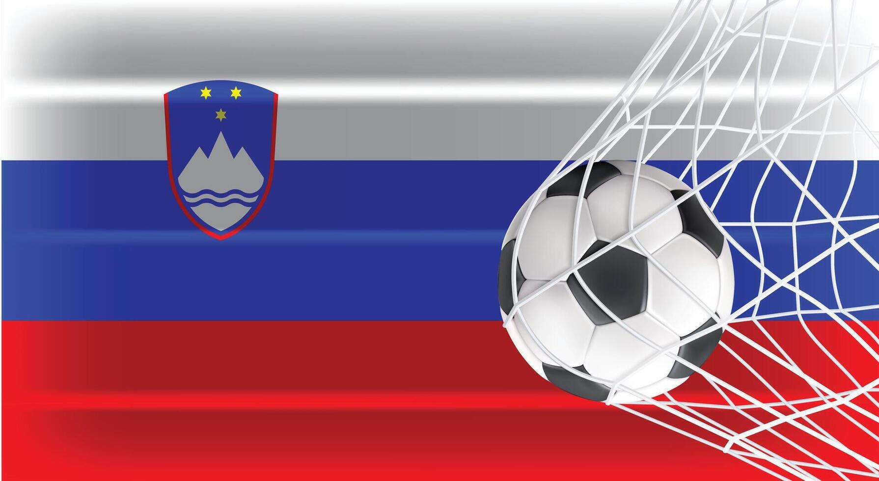 Soccer or Football ball in Goal Net Isolated on Slovenia Shaded Flag, Sports Accessory Equipment for Playing Game, Championship and Competition Design Element Realistic 3D vector