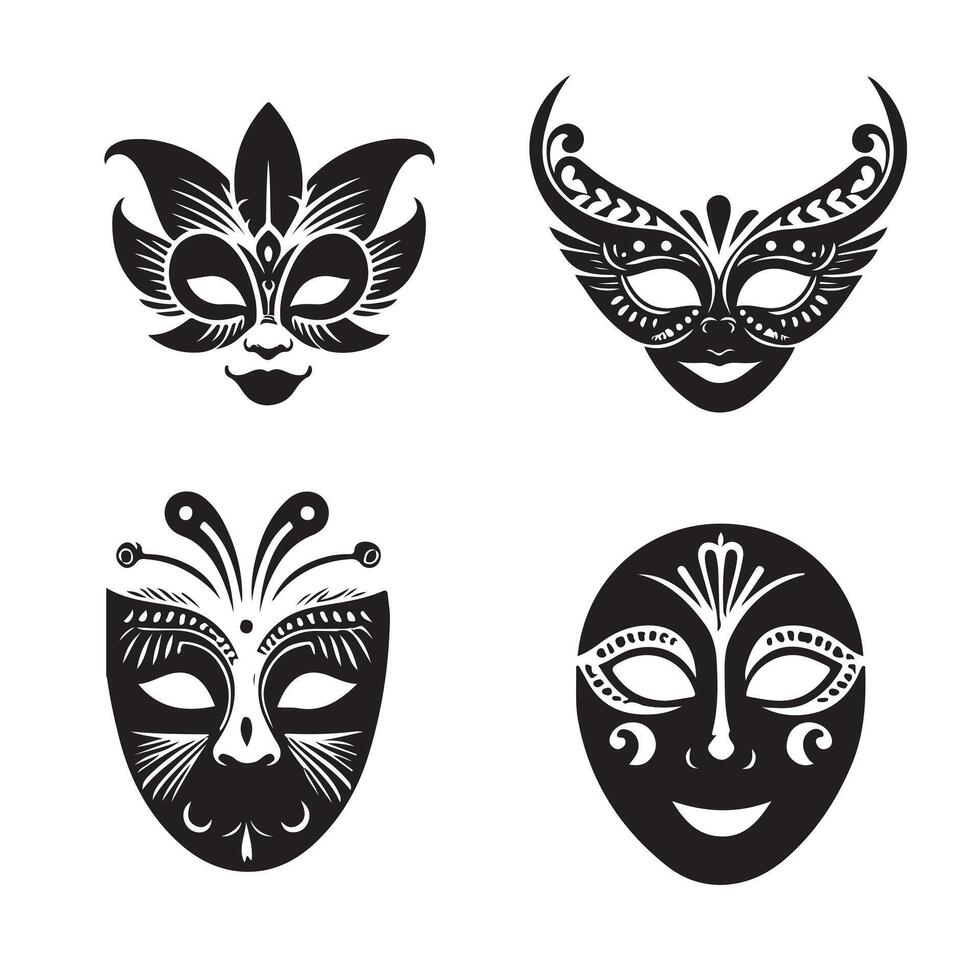 Festival Mask Bundle Illustration, Theater Mask Cut File, Circus Stencil silhouette on white background 10 eps vector