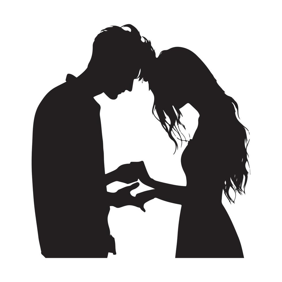 Silhouette of a couple holding hands and leaning toward each other on a white background vector
