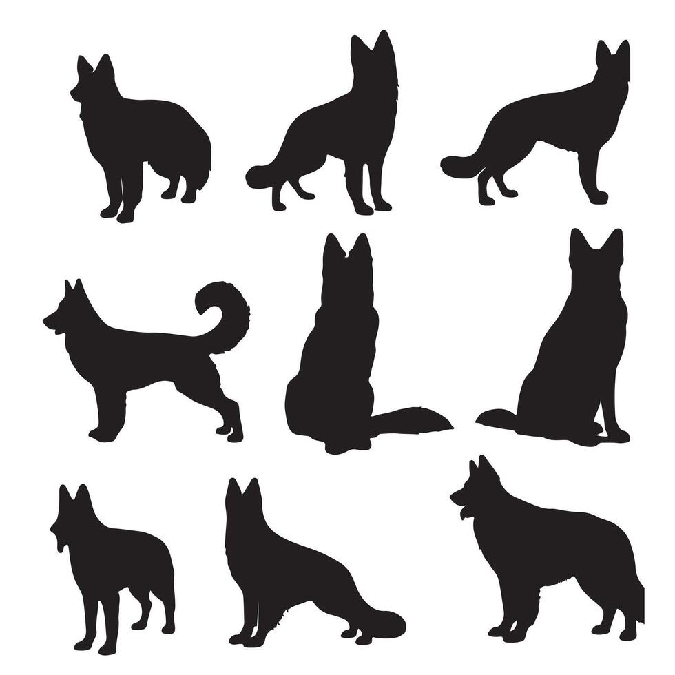 A set of German shepherd dog breed silhouette on white background vector