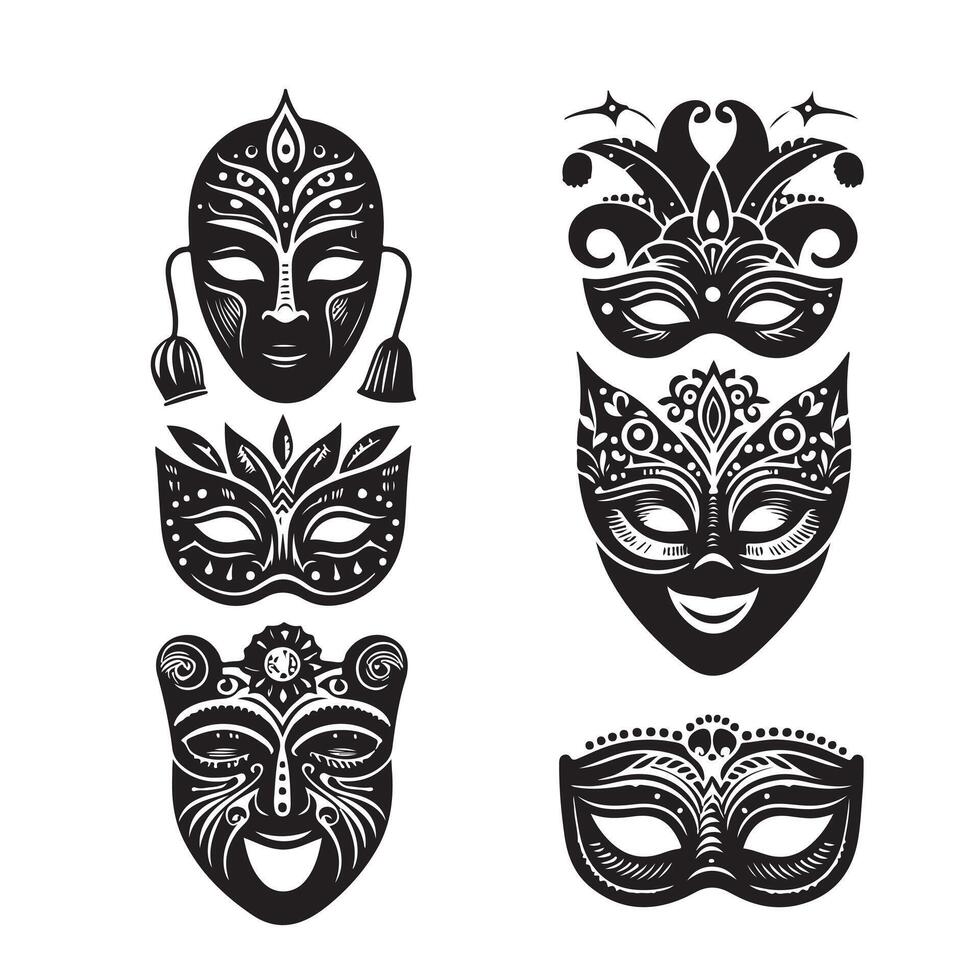 Festival Mask Bundle Illustration, Theater Mask Cut File, Circus Stencil silhouette on white background 10 eps vector