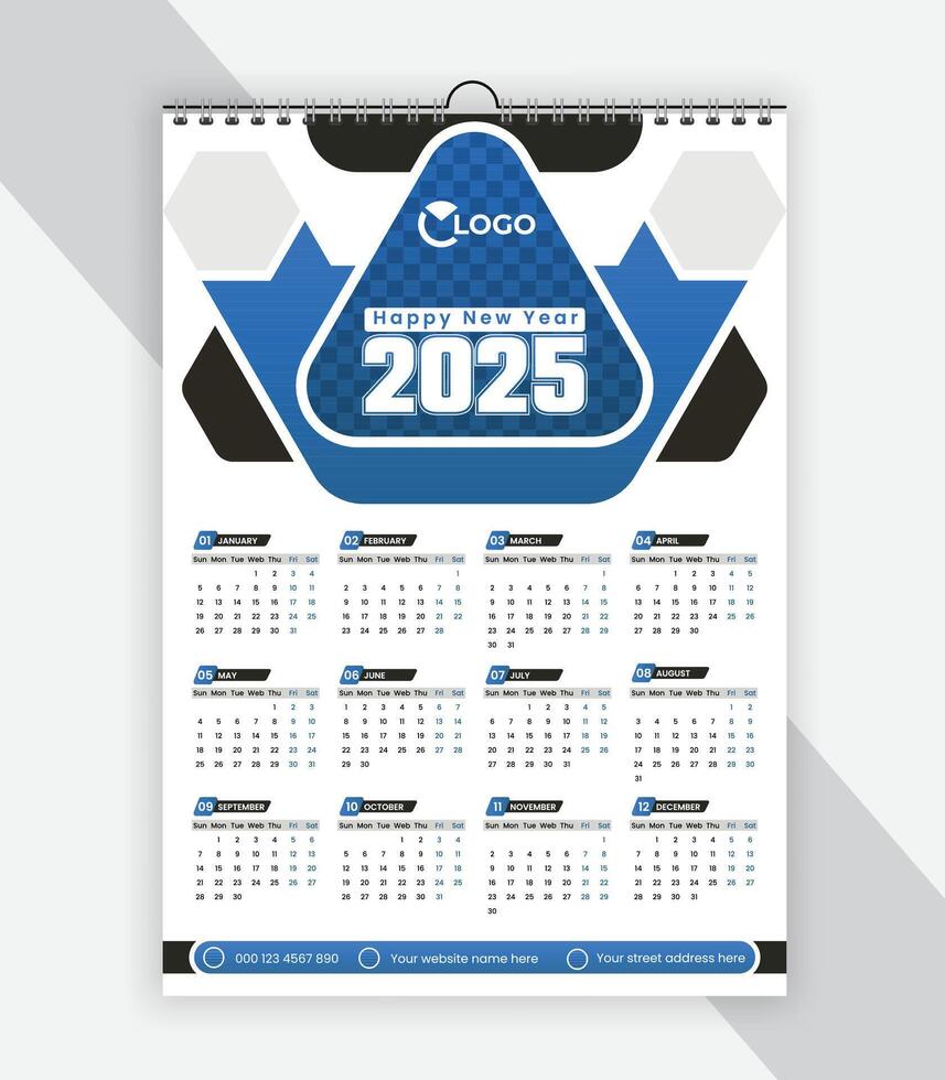 Modern wall calendar design 2025 . Print Ready One Page wall calendar template design for 2025 vector