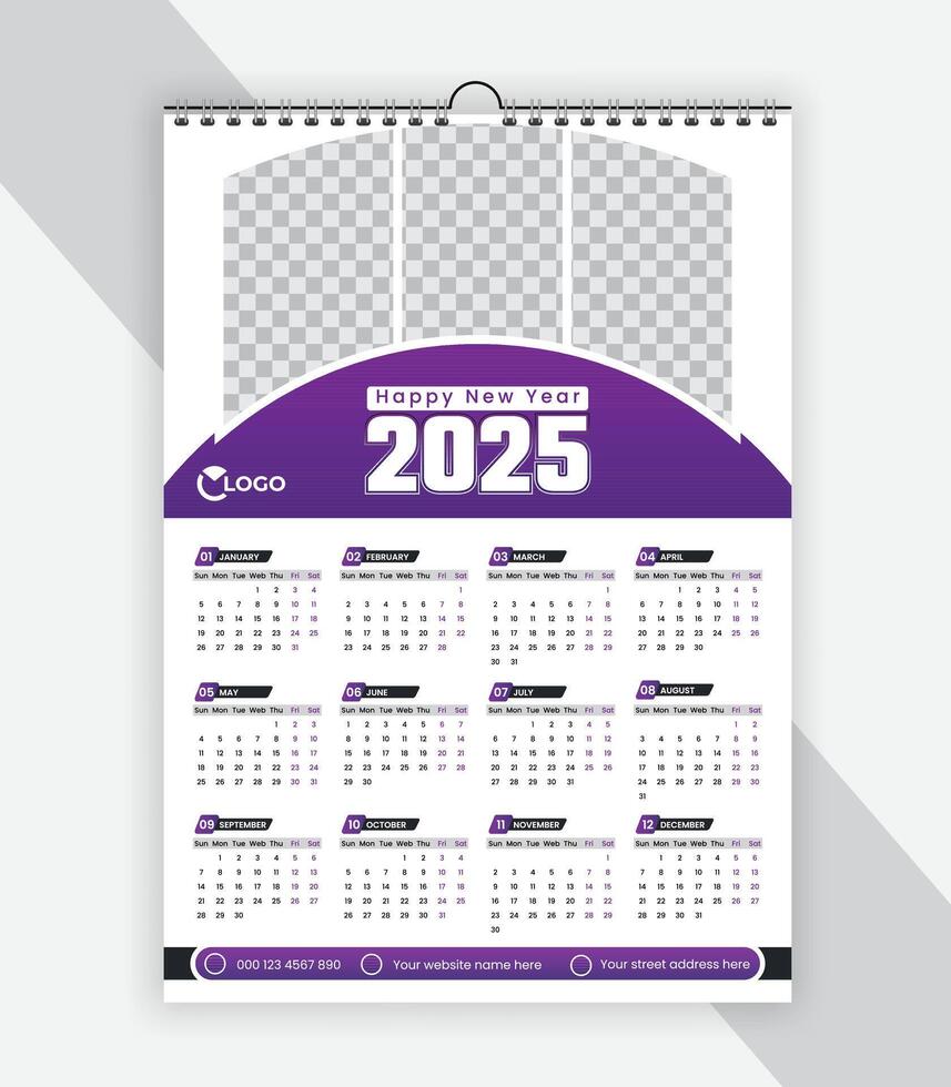 Modern wall calendar design 2025. Print Ready One Page wall calendar template design for 2025. Week starts on Sunday vector