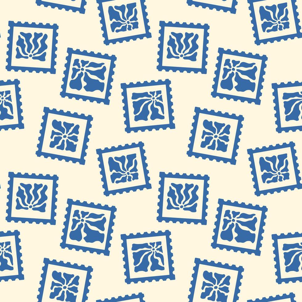 Groovy Post Stamp Card backgroun. Abstract Sun or Plants seamless pattern. Blue Curve Shapes vector