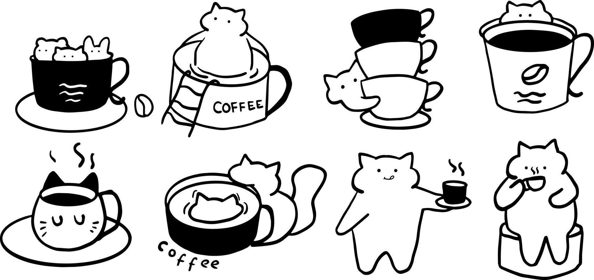 Minimalist Cat and Coffee Illustration Set for Fun Designs vector