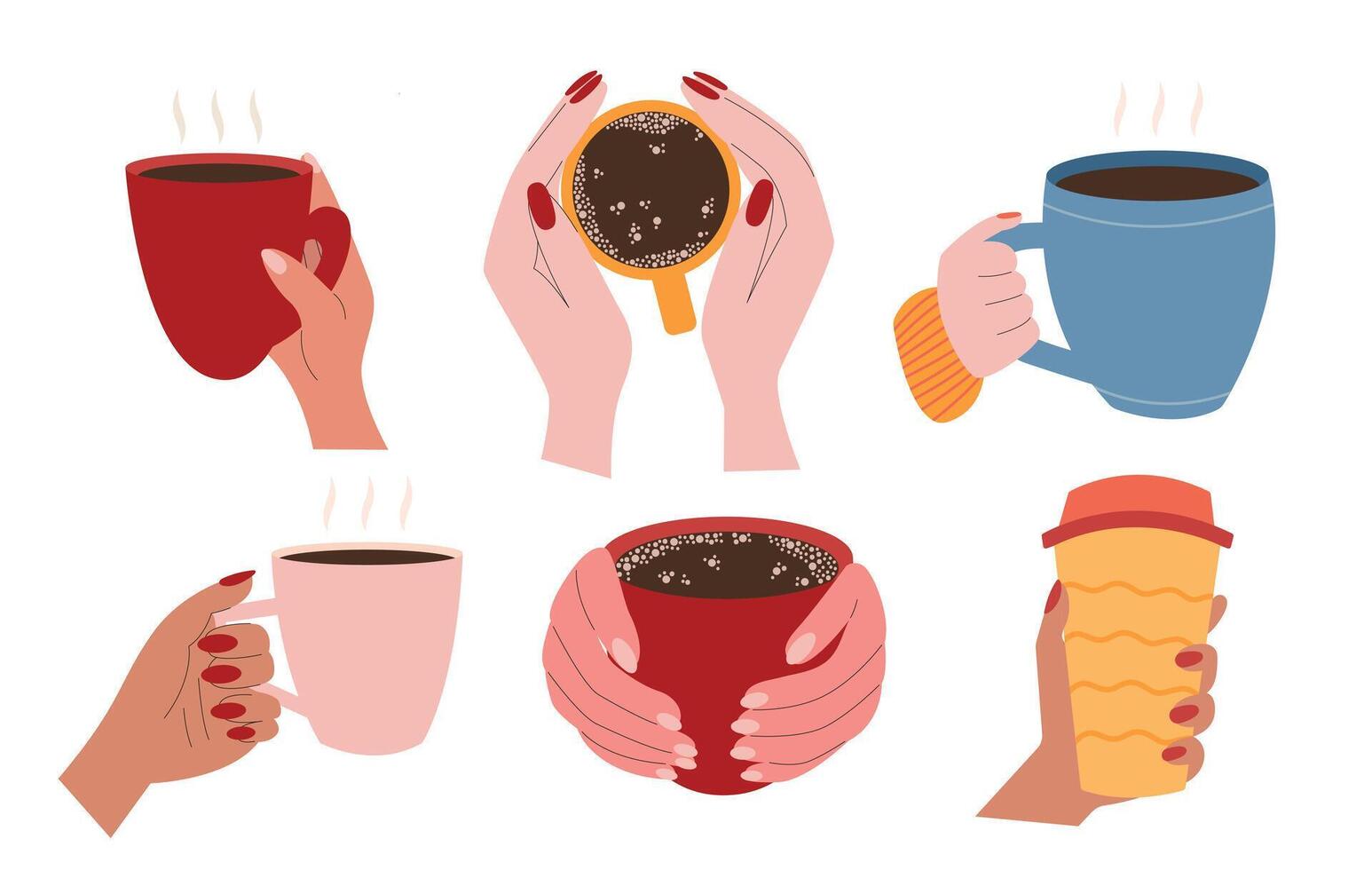 Coffee cups in hands flat set. Set of cups with coffee and tea in woman hands vector
