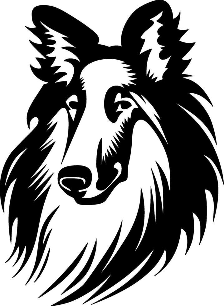 A collie dog head is shown in black and white vector