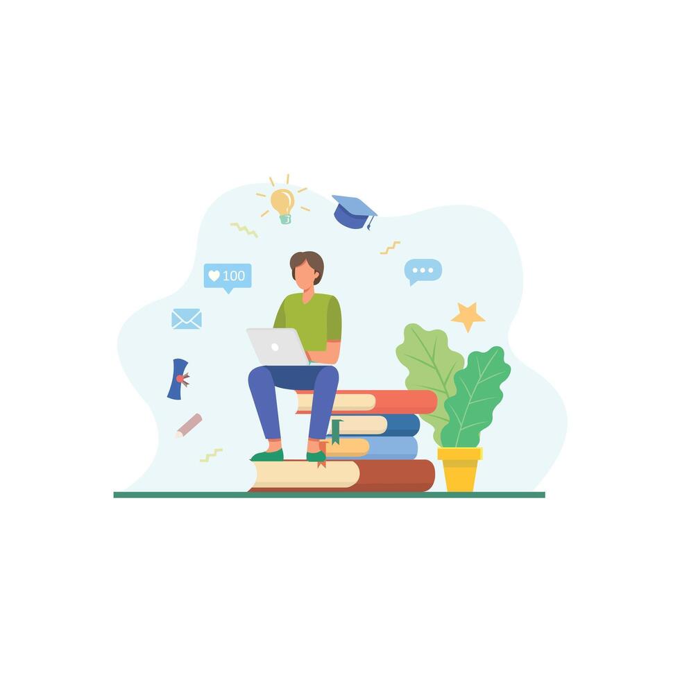 Student with laptop studying online course. Man sitting on stack of books using laptop illustration for internet school, knowledge, education concept vector