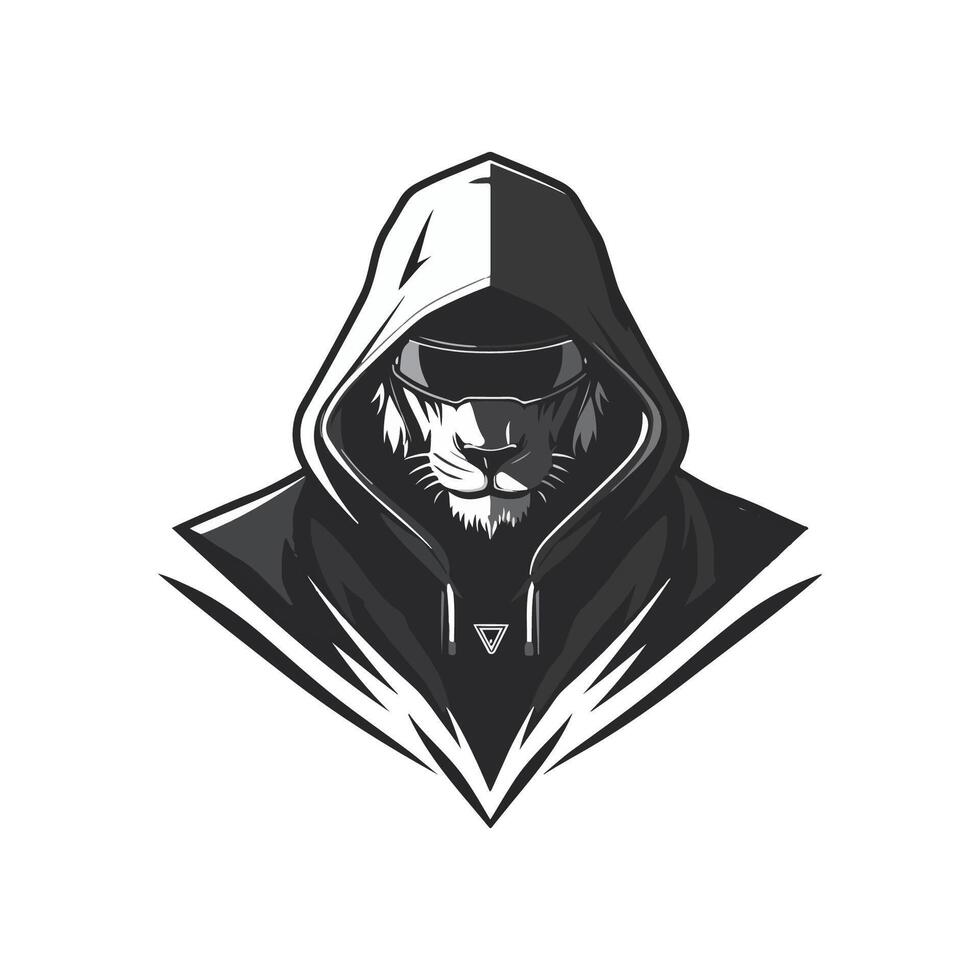 A black and white logo of a man in a hoodie vector
