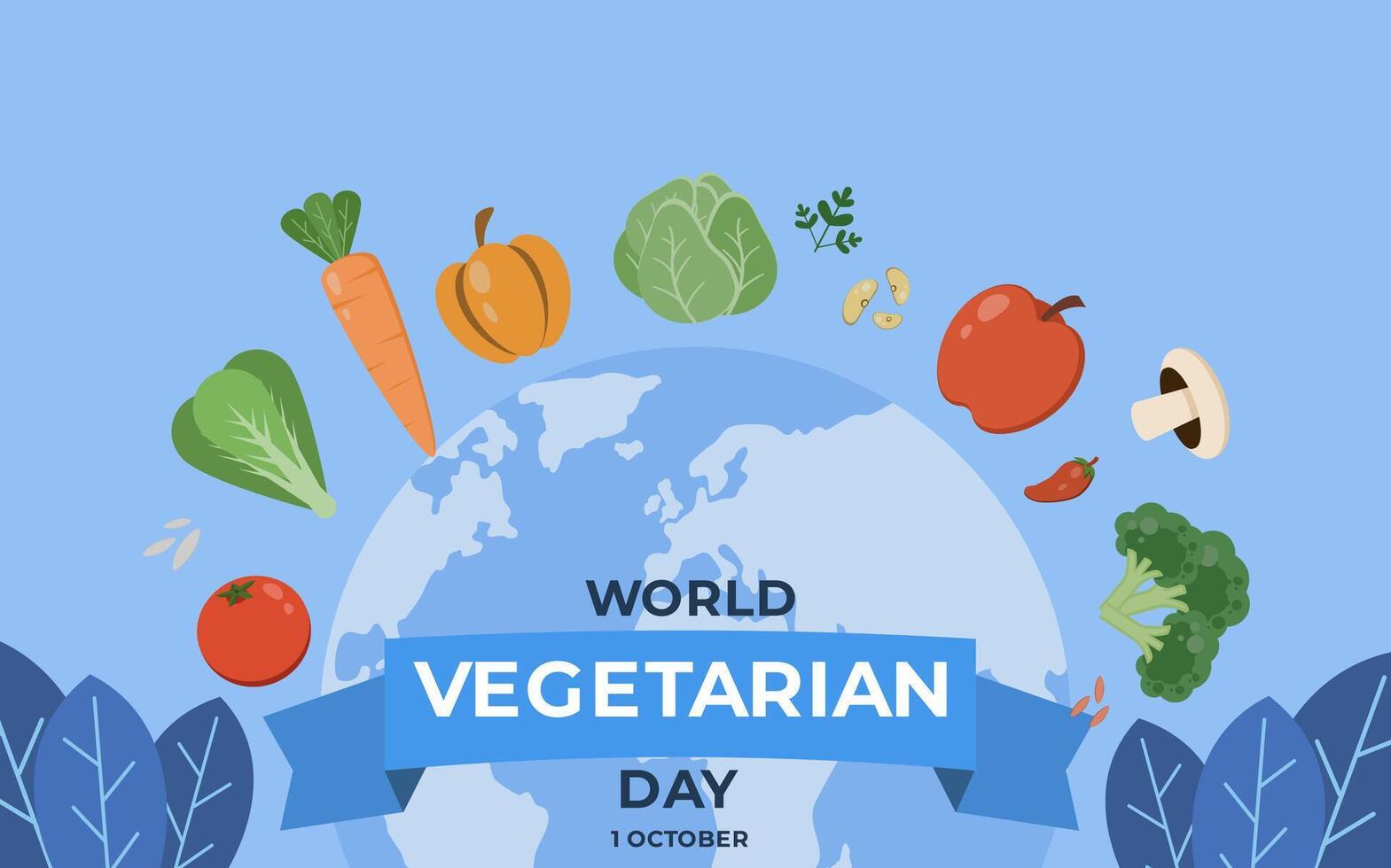 Vegetables and fruits are arranged around the globe with the words world vegetarian day vector
