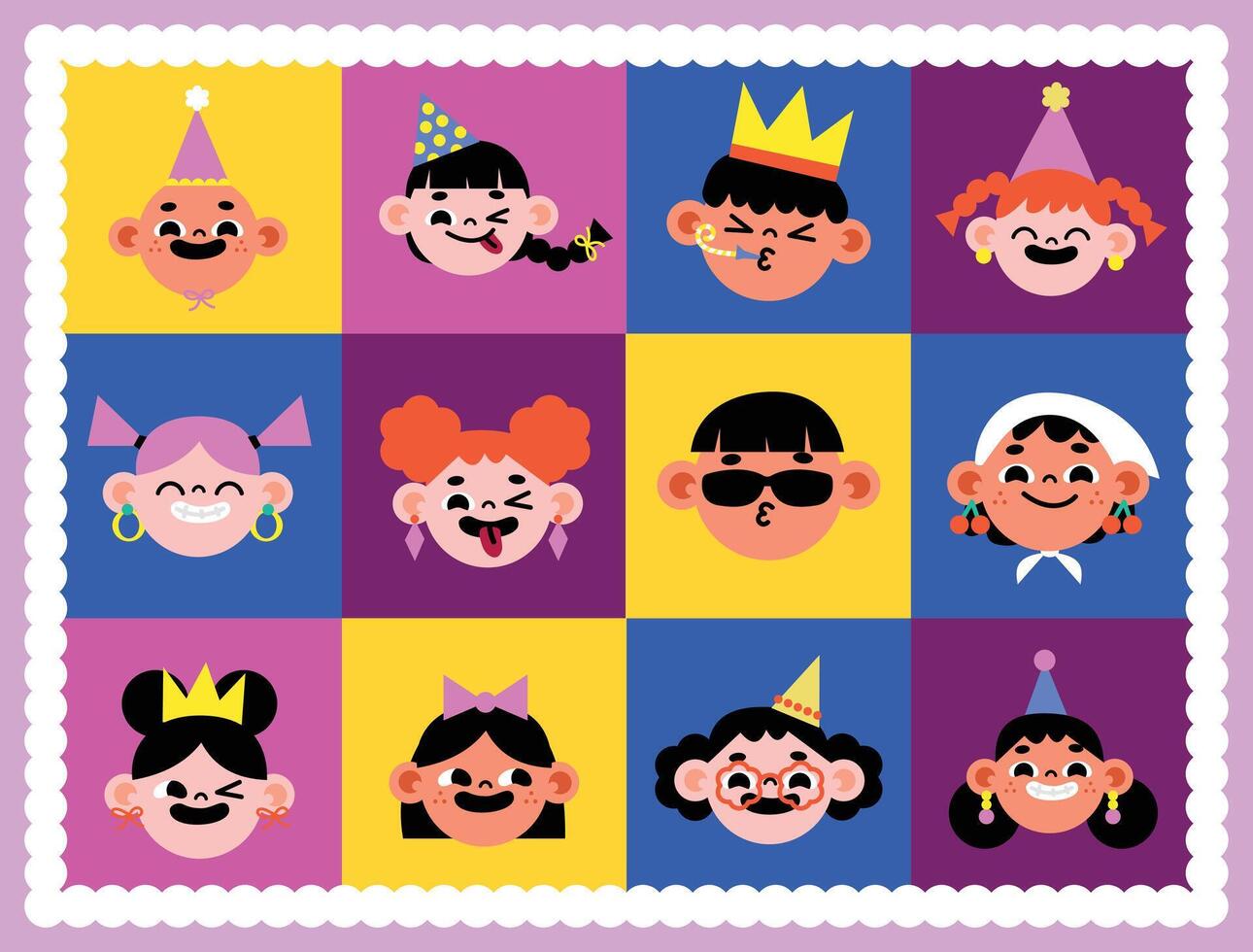 Festive Cartoon Kids with Party Hats and Accessories. vector