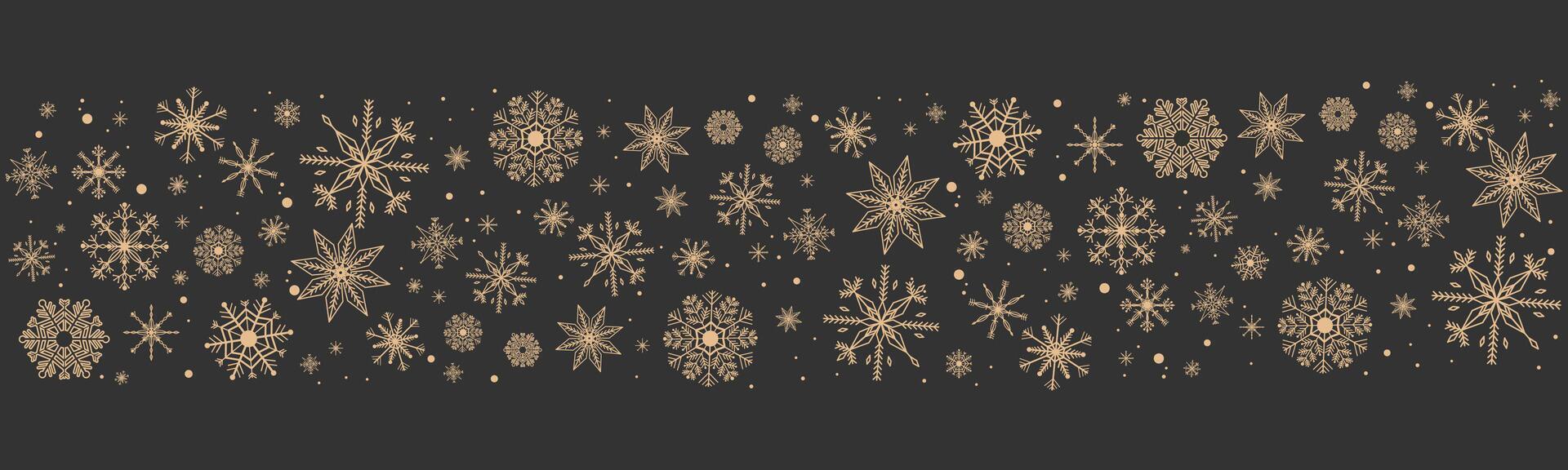 Gold snowflake border, winter holiday garland, falling golden snow and stars decoration isolated on dark background. Template with a Christmas elements vector