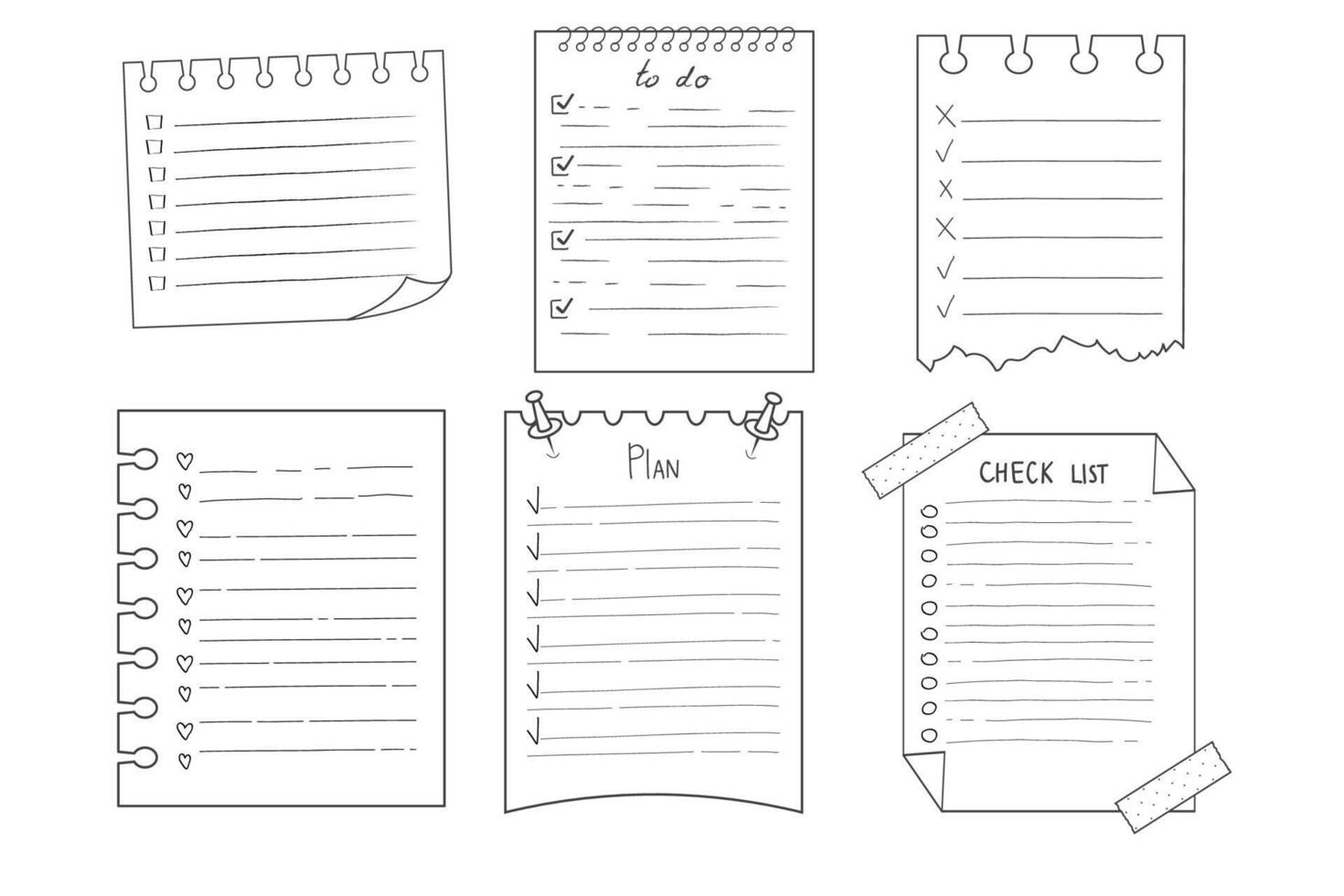 Set To do check list page doodle blank. Reminder, memo note hand drawn isolated on white. Pencil planner, notepad, sheet. vector
