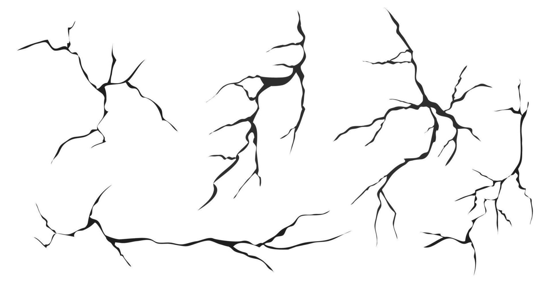 Cracked glass, wall, egg, fissures in ground top view. Set concrete, crevices from disaster, surface from earthquake, Ruined breaked land surface doodle, hand drawn vector