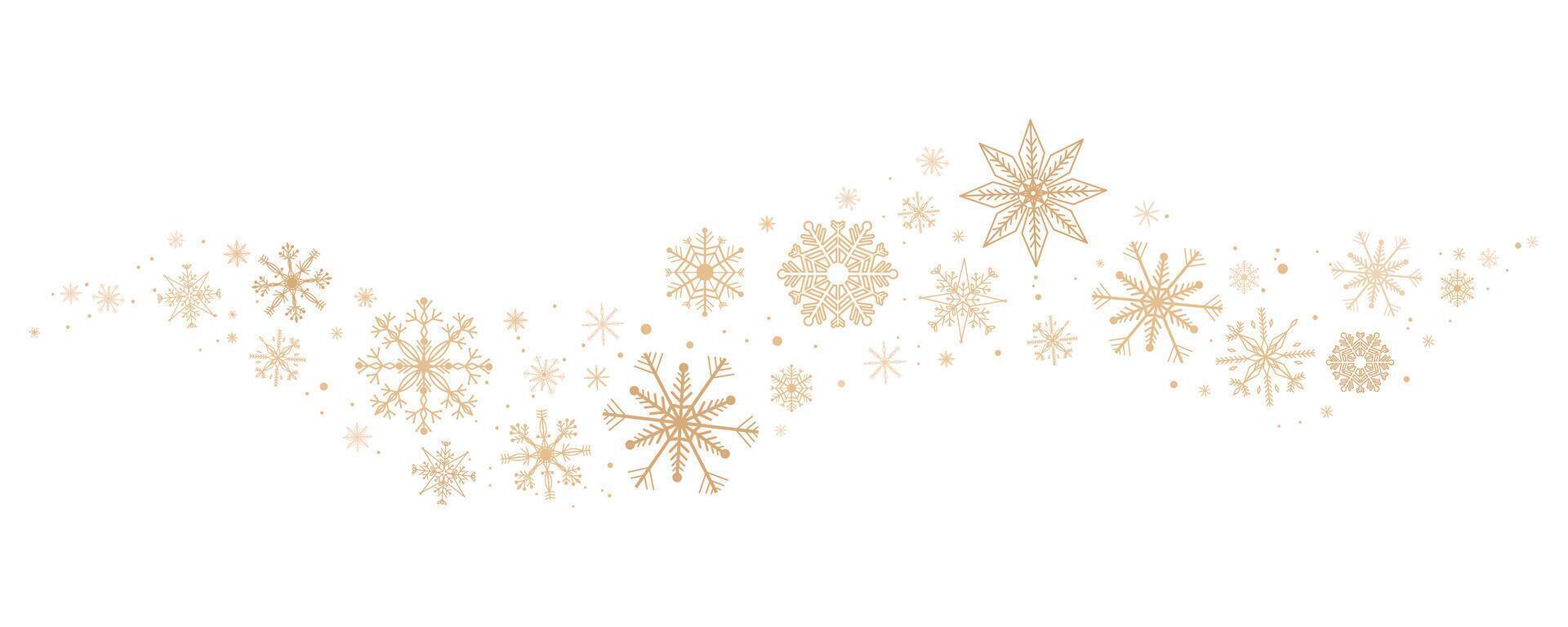 Gold snowflake wave border, winter holiday garland, falling golden snow and stars decoration isolated on white background. Template with a Christmas elements vector
