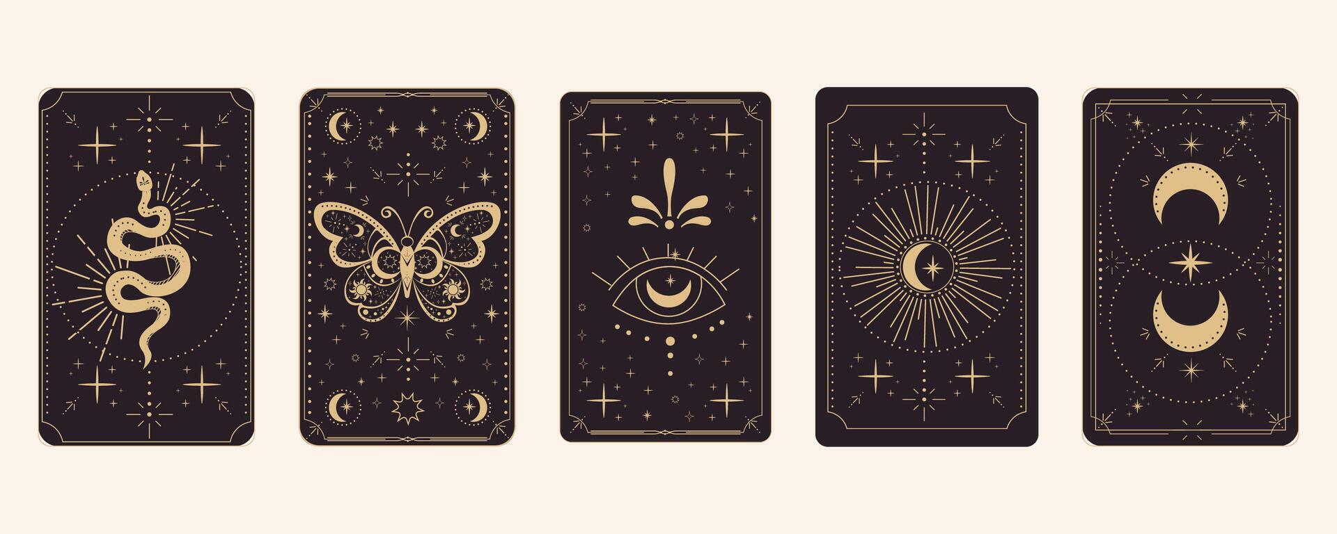 Tarot reverce border magic sacred frame gold line border celelstial mystery esoteric cover card decoration with snake stars and moon on dark background. vector