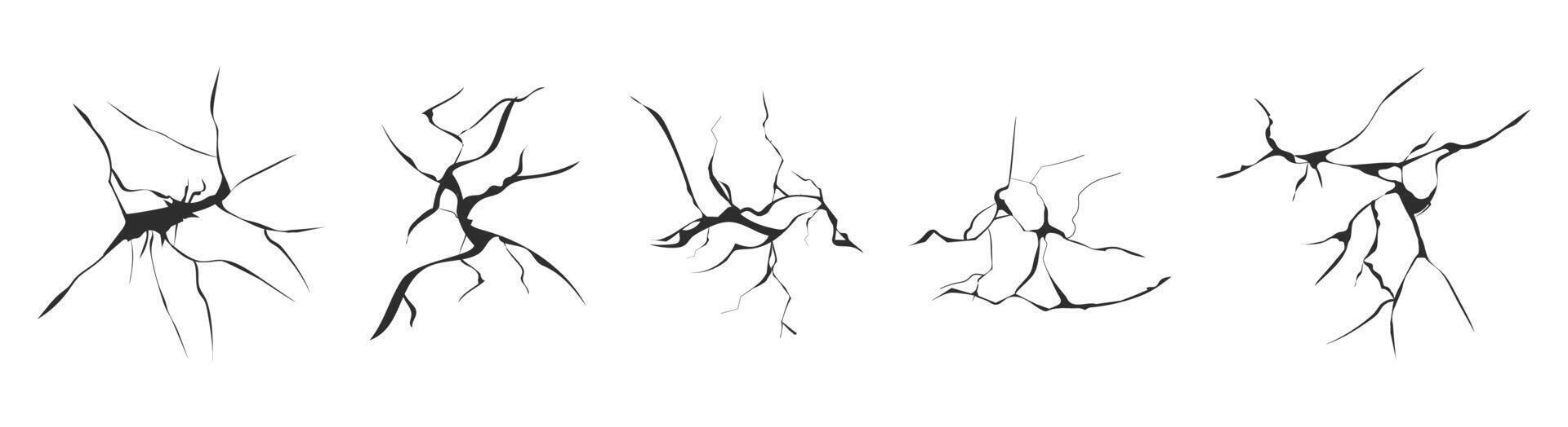 Cracked glass, wall, egg, fissures in ground top view. Set concrete, crevices from disaster, surface from earthquake, Ruined breaked land surface doodle, hand drawn vector