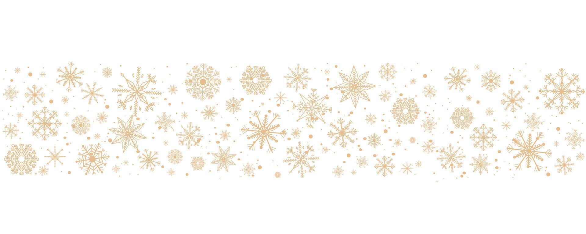 Gold snowflake wave border, winter holiday garland, falling golden snow and stars decoration isolated on white background. Template with a Christmas elements vector
