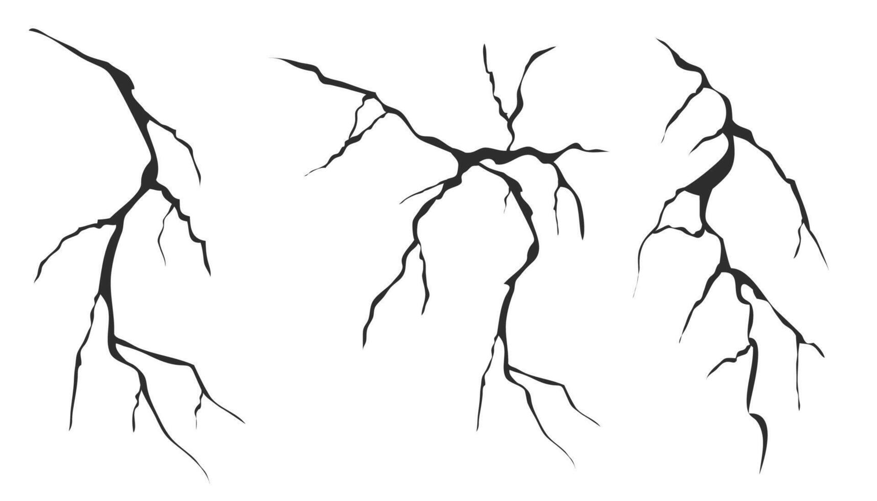 Cracked glass, wall, egg, fissures in ground top view. Set concrete, crevices from disaster, surface from earthquake, Ruined breaked land surface doodle, hand drawn vector