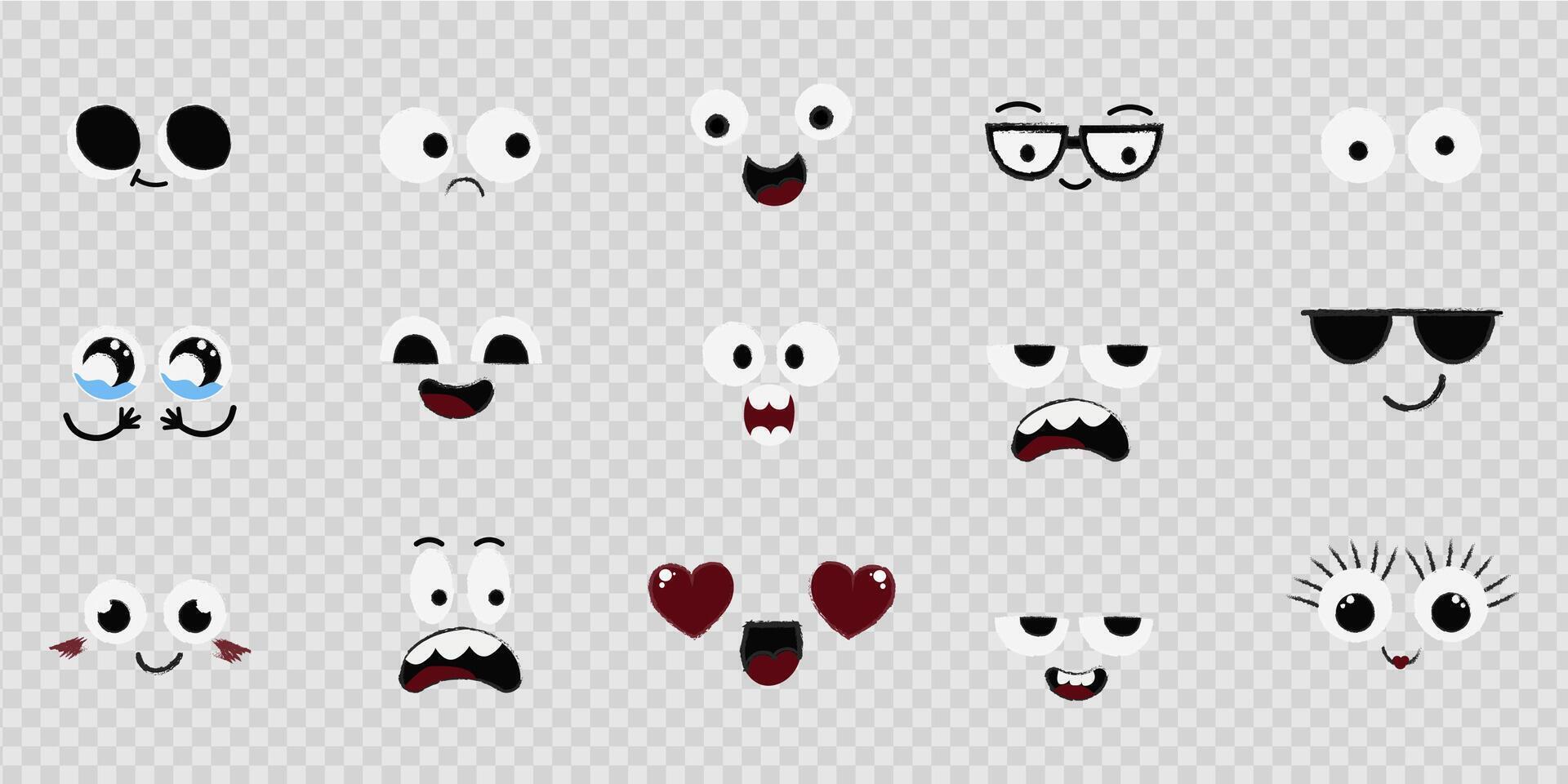 Face emotions, comic expressions, cute crazy eyes collection isolated. Doodle smiley mood comic design elements. Emotional comic face with eyes, mouths, tongue and teeth. vector