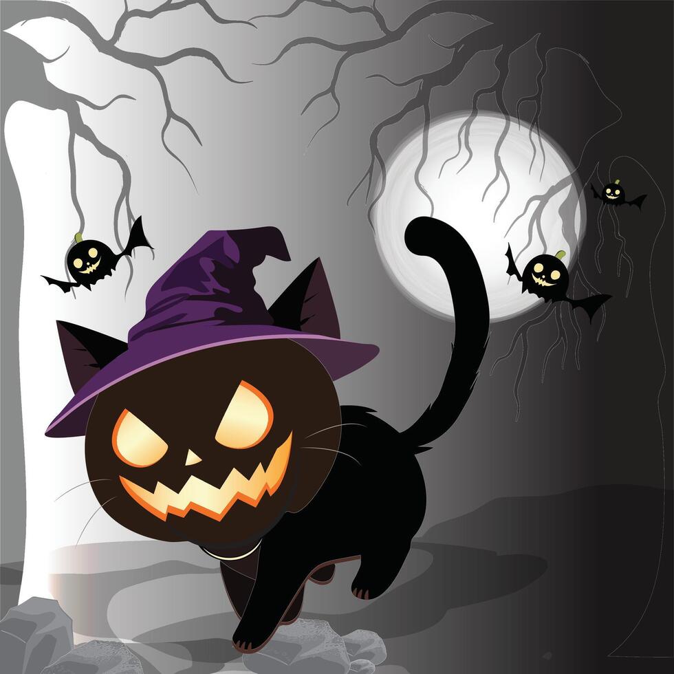 A black cat walks inside the forest vector