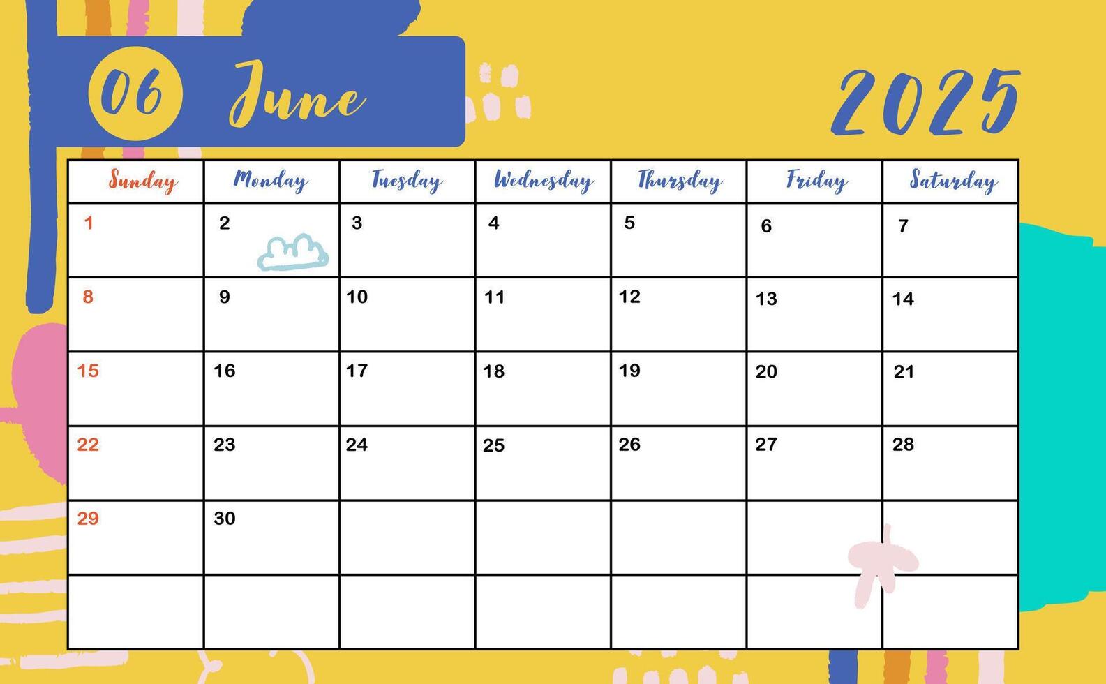 2025 table June monthly calendar week start on Sunday with colorful style for horizonral printable design vector