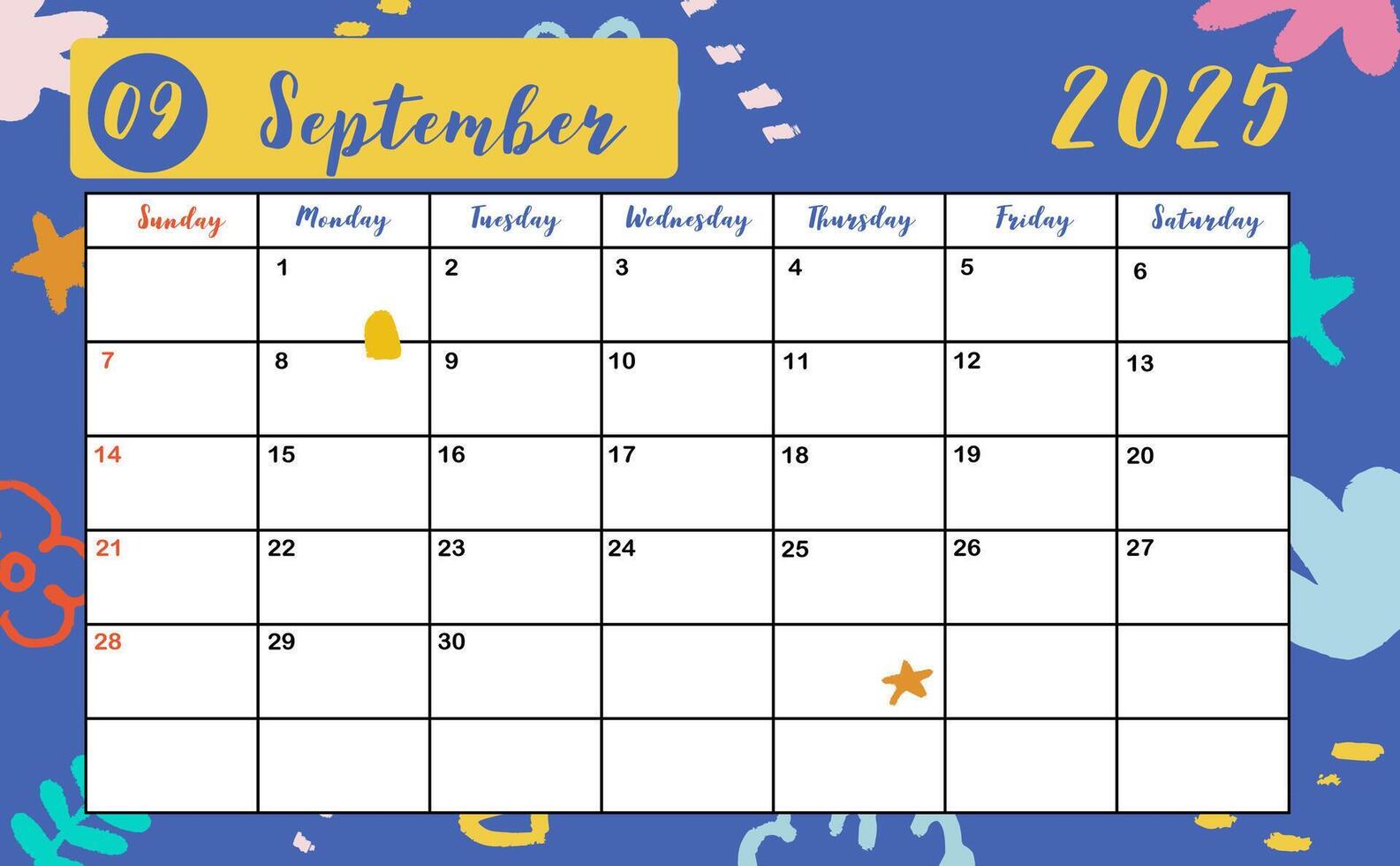 2025 table September monthly calendar week start on Sunday with colorful style for horizonral printable design vector