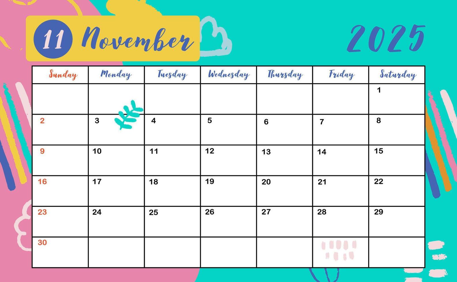 2025 table November monthly calendar week start on Sunday with colorful style for horizonral printable design vector