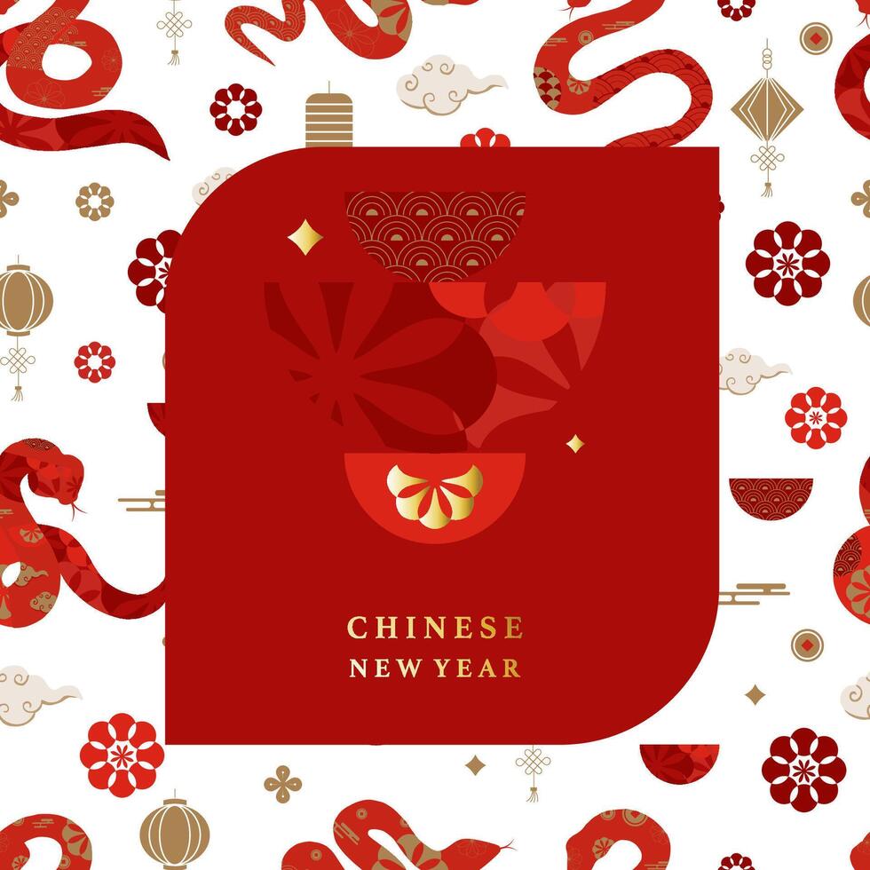 Happy Chinese New Year on red background with snake.Editable illustration for square design vector
