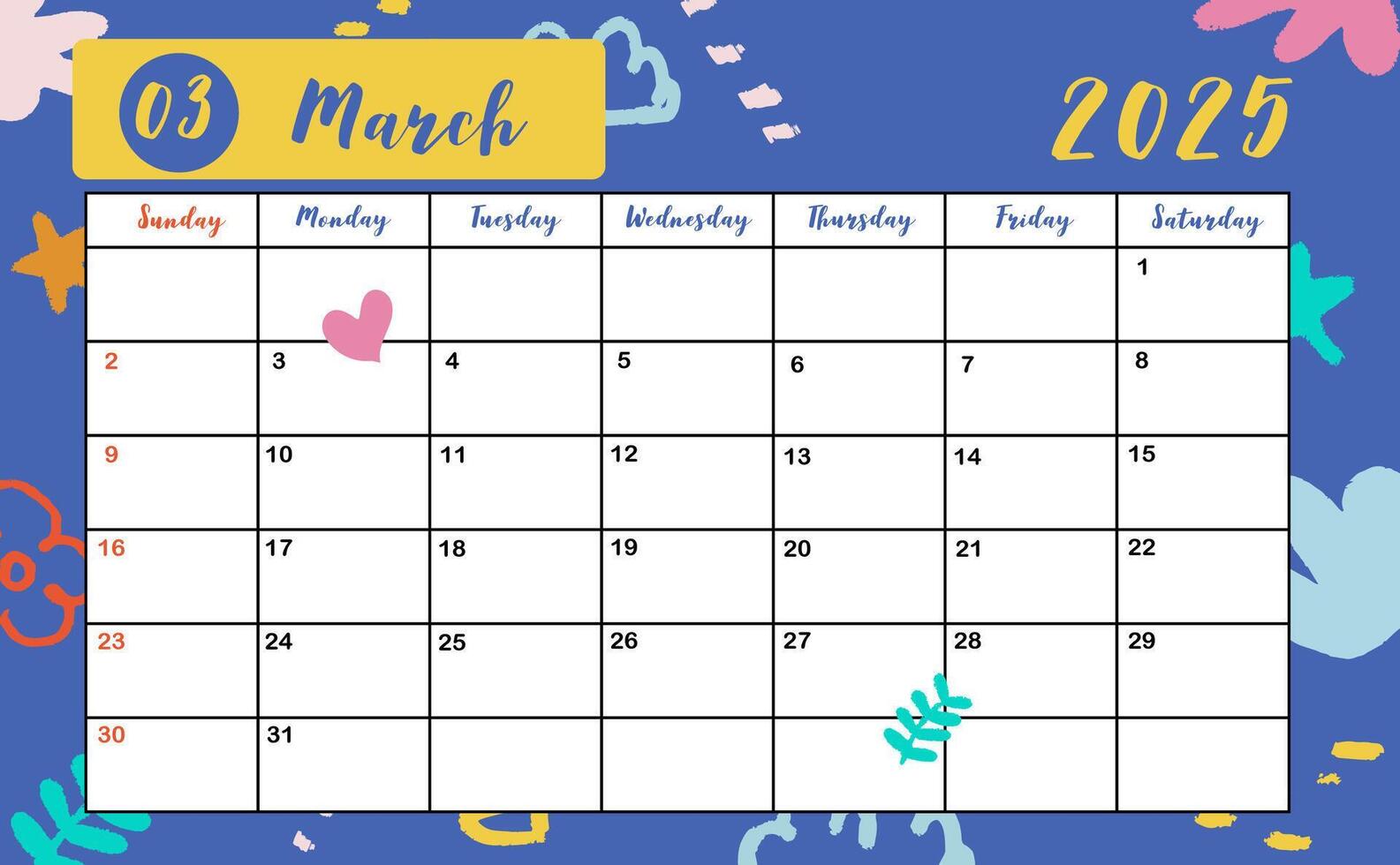 2025 table March monthly calendar week start on Sunday with colorful style for horizonral printable design vector