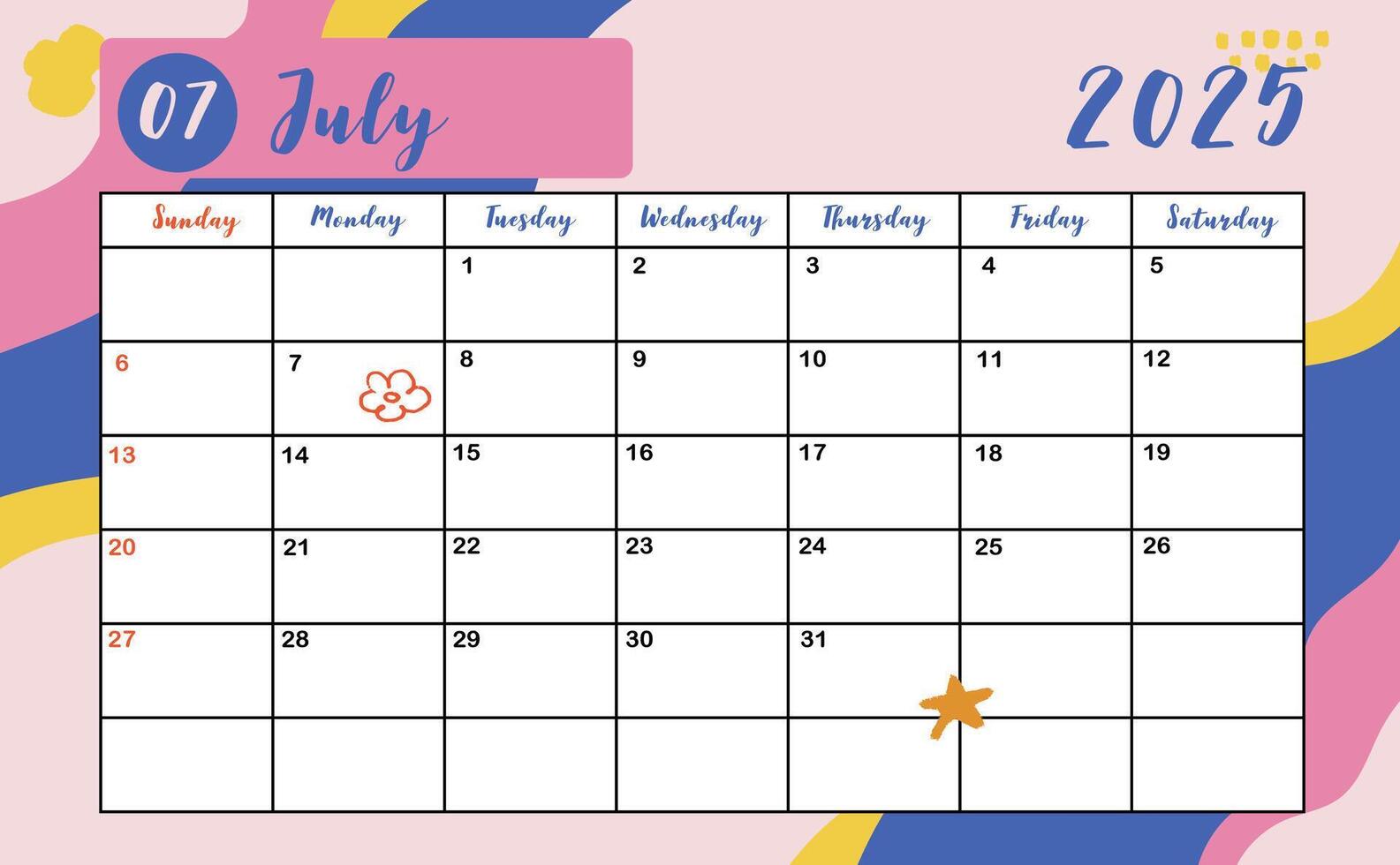 2025 table July monthly calendar week start on Sunday with colorful style for horizonral printable design vector