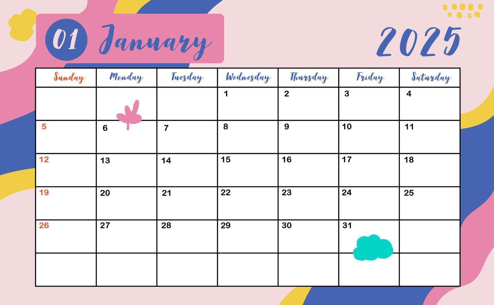 2025 table January monthly calendar week start on Sunday with colorful style for horizonral printable design vector