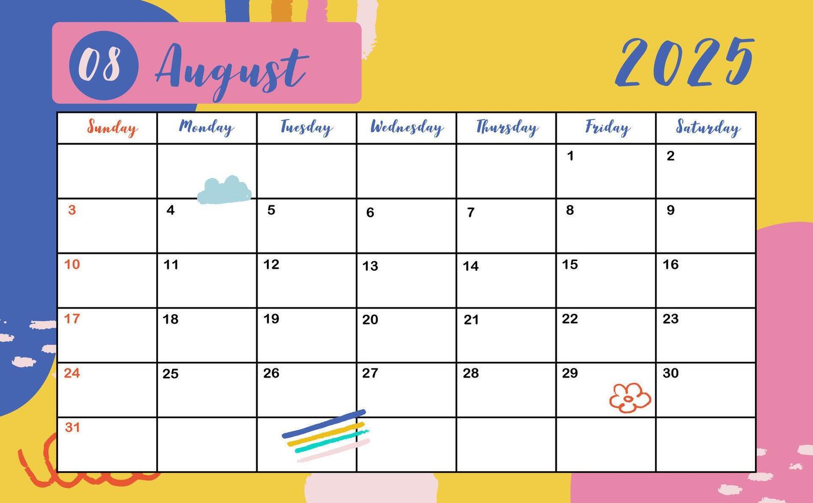 2025 table August monthly calendar week start on Sunday with colorful style for horizonral printable design vector