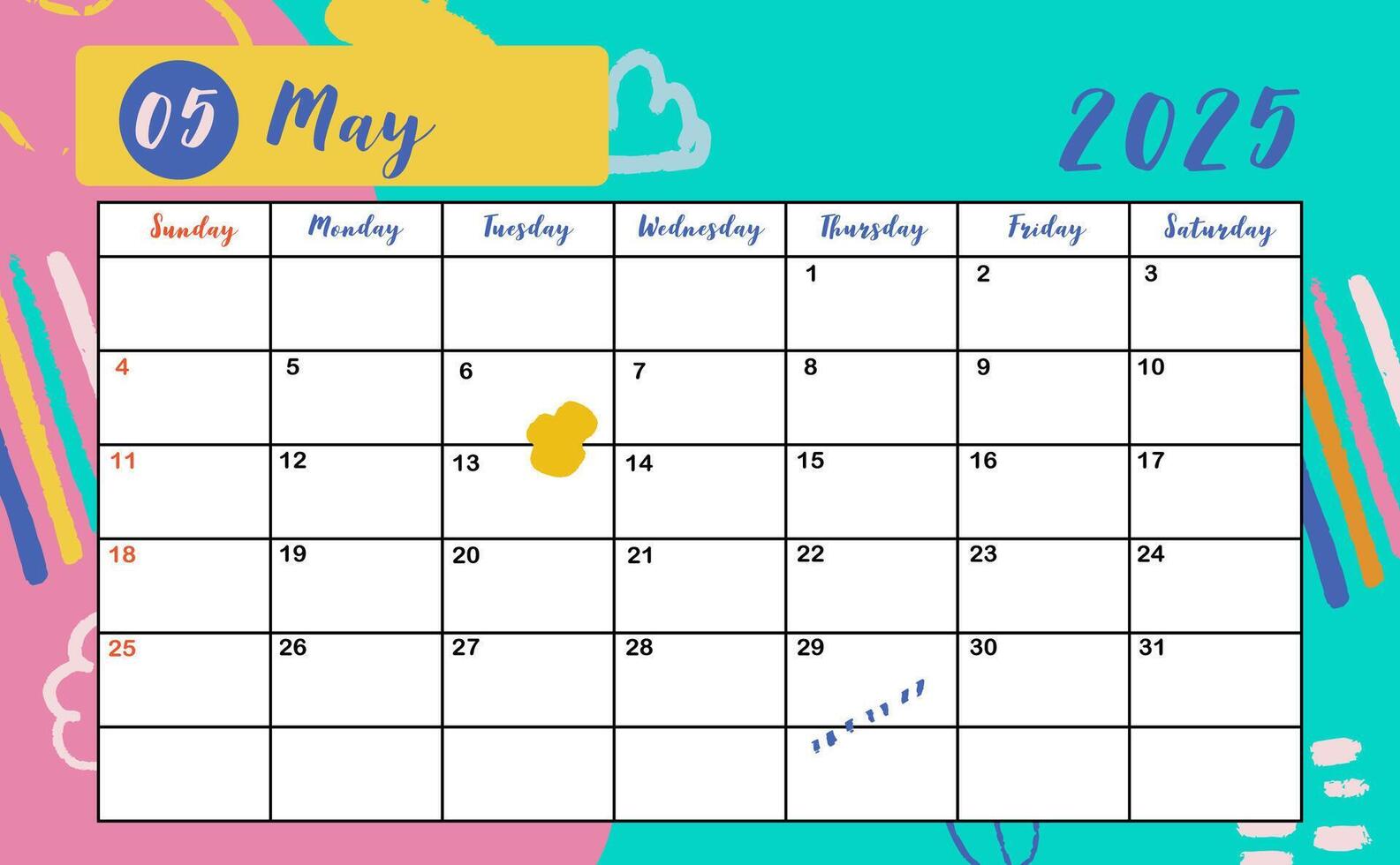 2025 table May monthly calendar week start on Sunday with colorful style for horizonral printable design vector