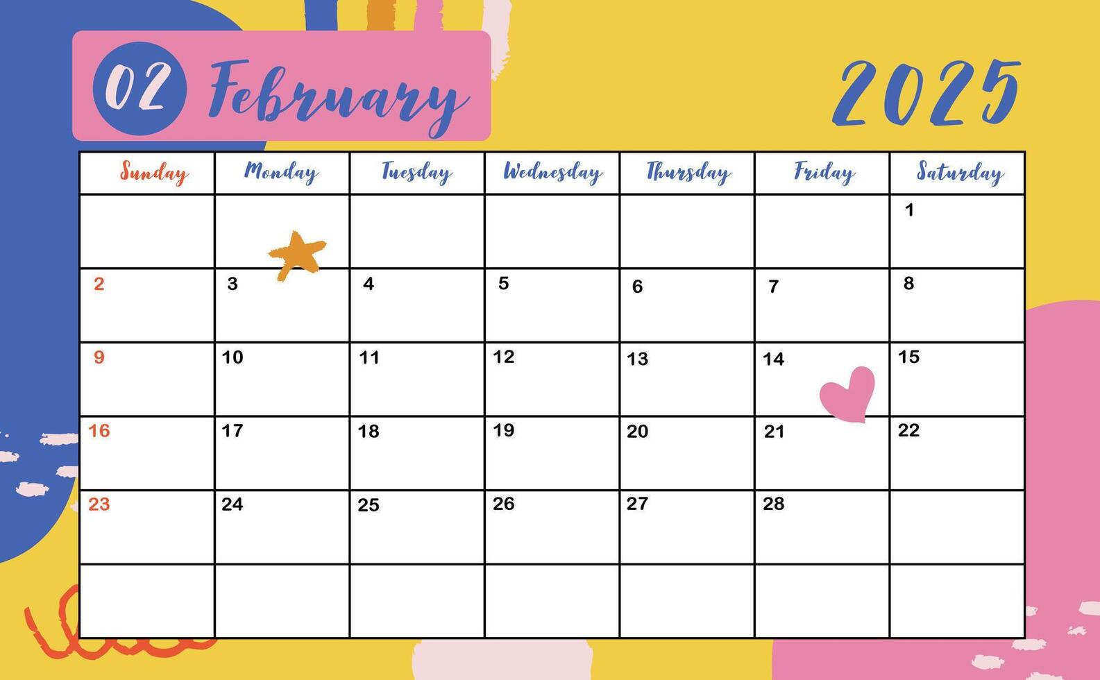 2025 table February monthly calendar week start on Sunday with colorful style for horizonral printable design vector