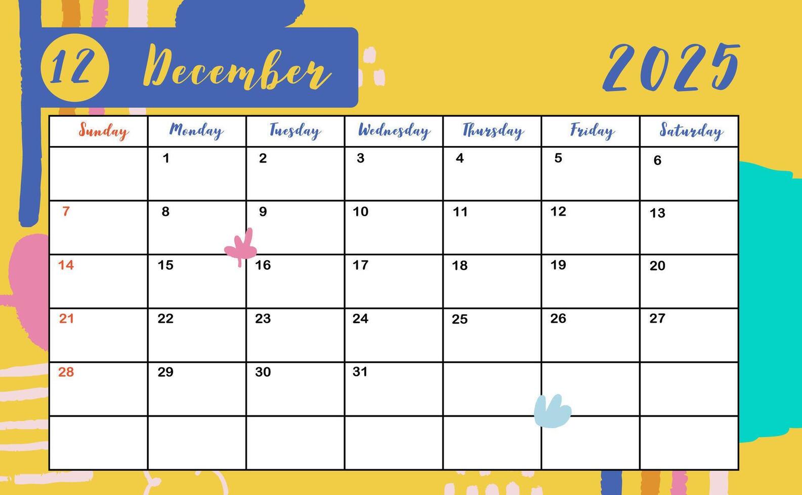 2025 table December monthly calendar week start on Sunday with colorful style for horizonral printable design vector