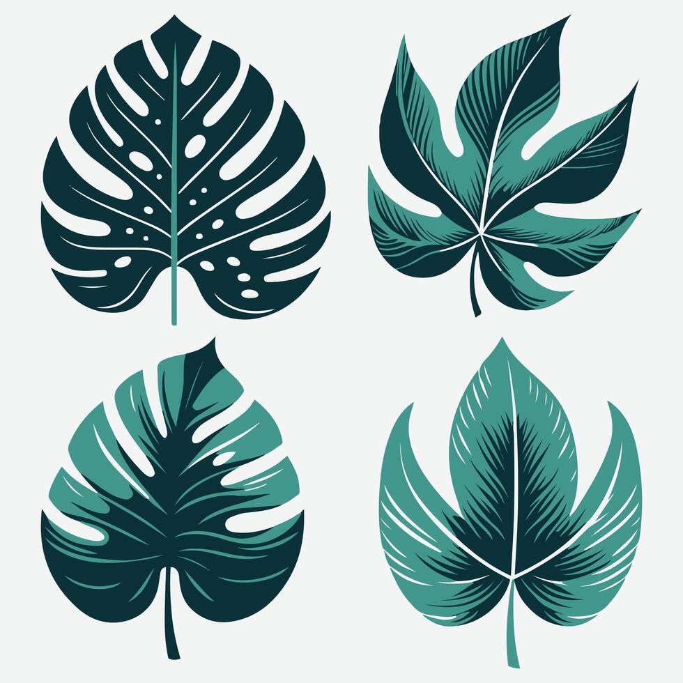Artful Tropical Leaves Designs in Bold Styles for Graphic Use vector
