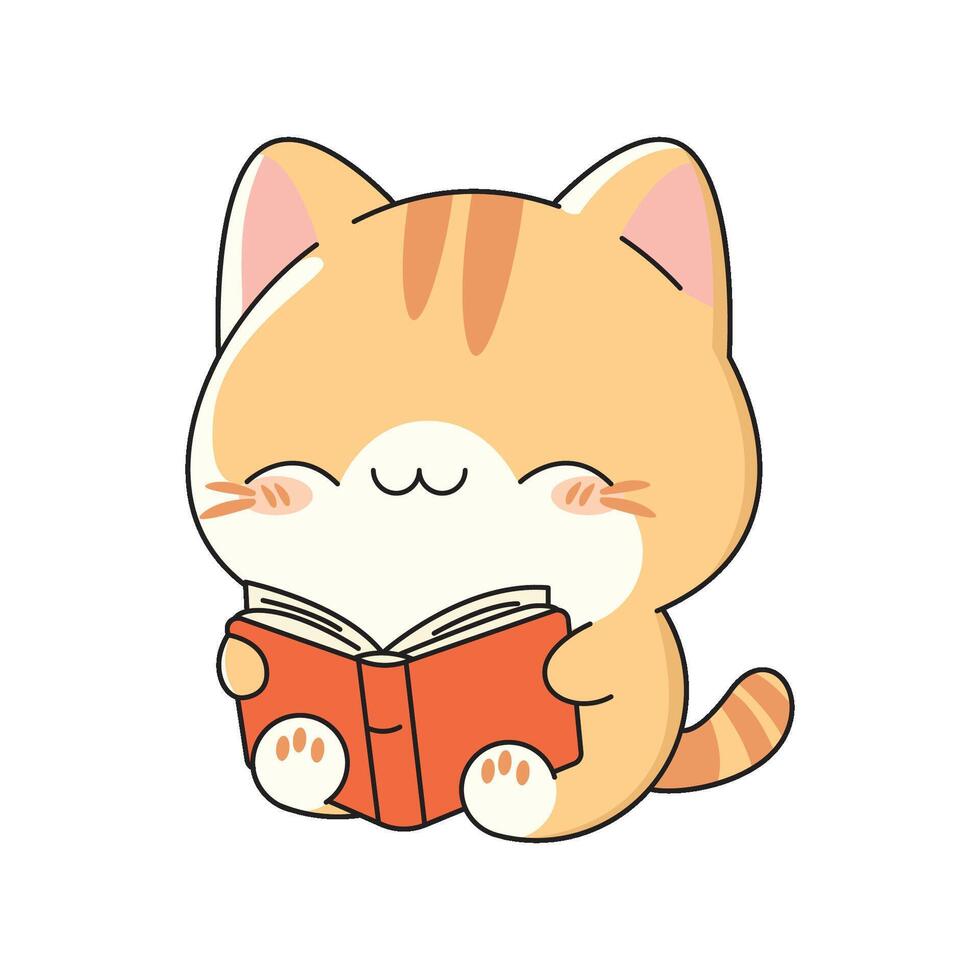 Cute orange cat reading orange book smiling. vector