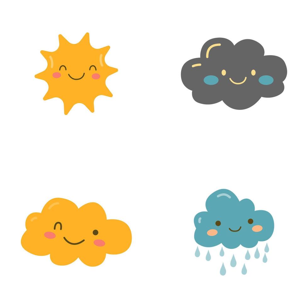 Set of Cute Rain Cloud Sun Character in the Sky vector