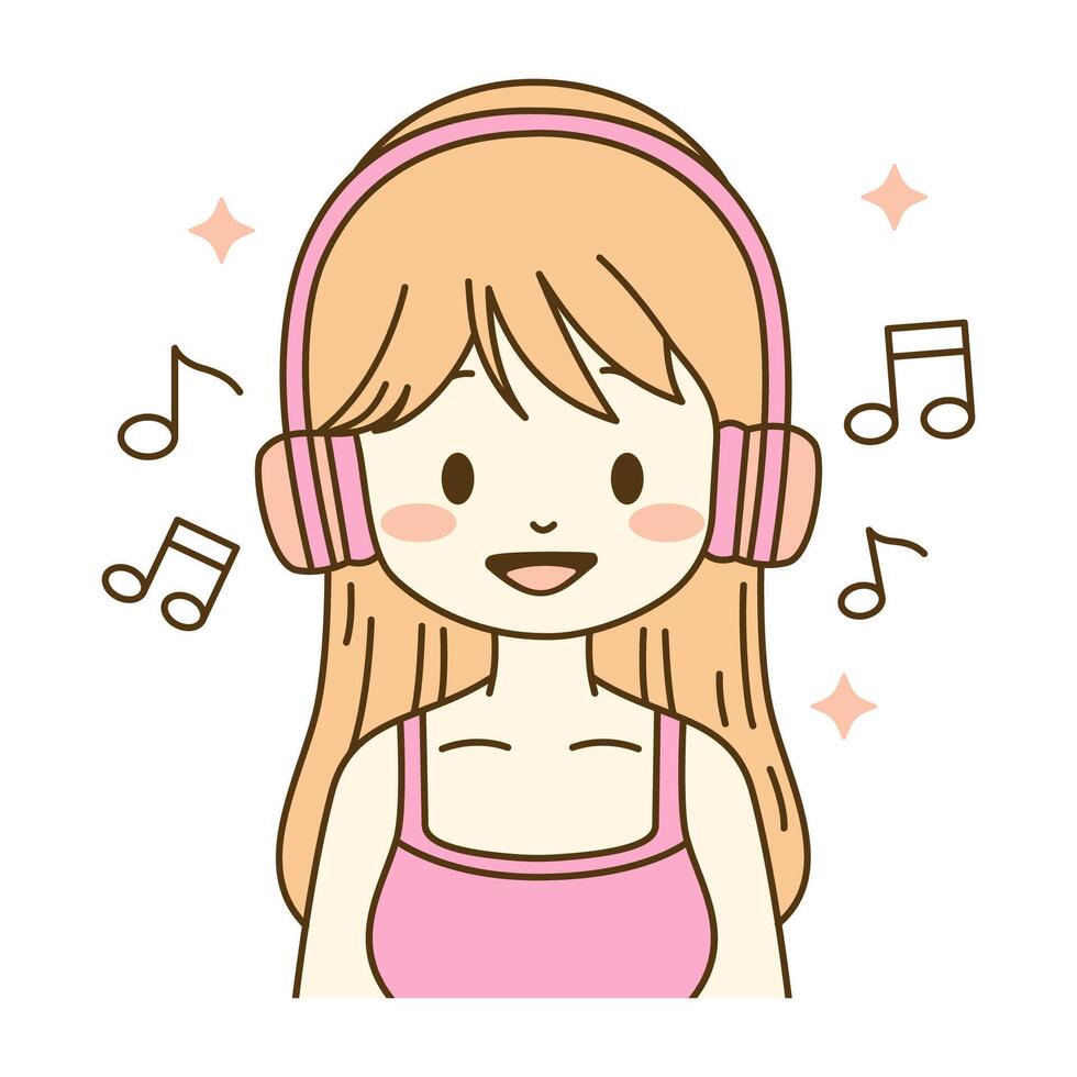 Cute Beautiful Girl Cartoon Character Listening Music Using Headphone with Smile Expression vector
