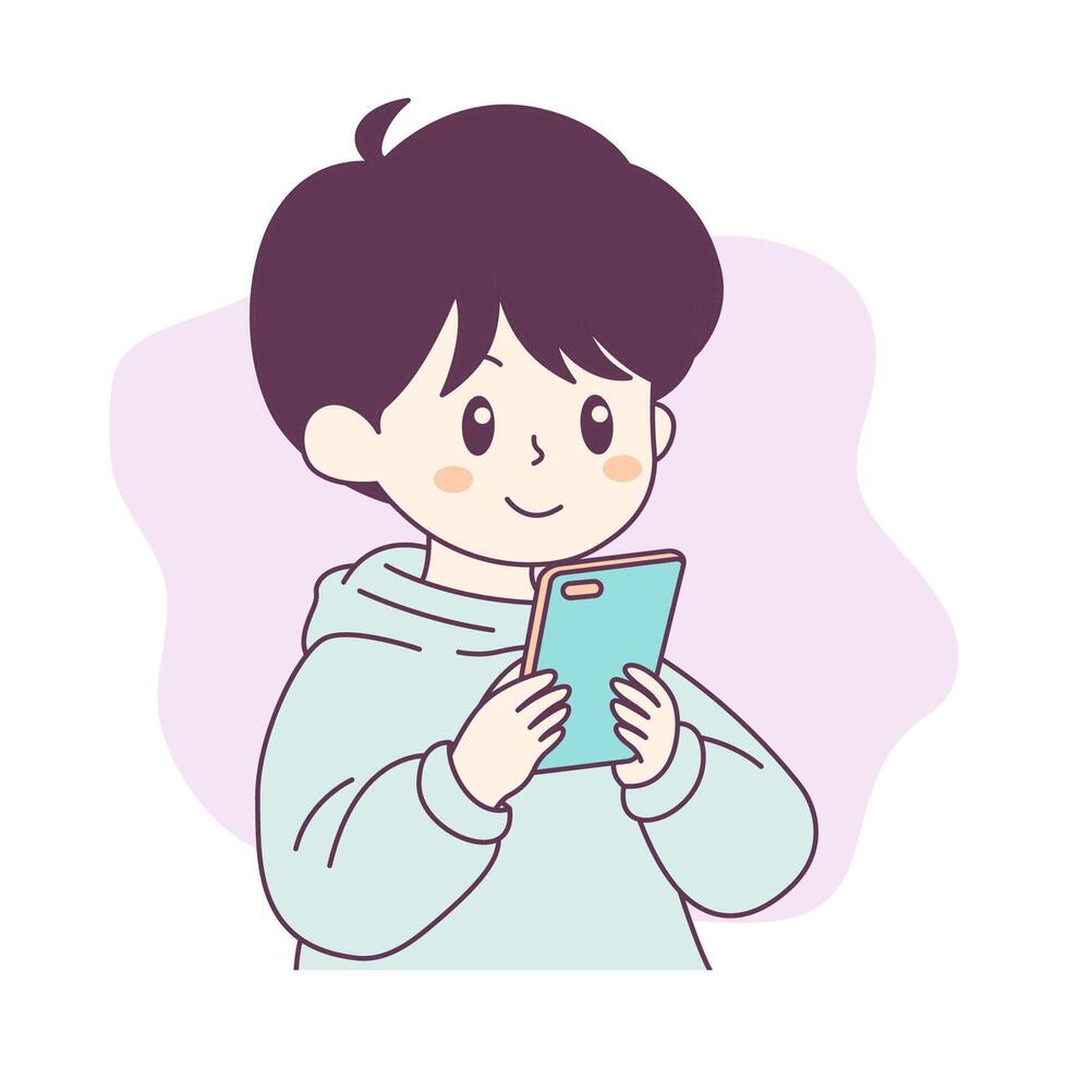 Cute Boy Cartoon Character Playing Mobile Phone with Smile Expression vector