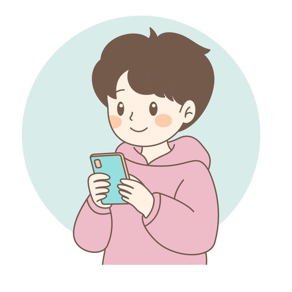 Cute Boy Cartoon Character Playing Gadget Phone with Smile Expression vector