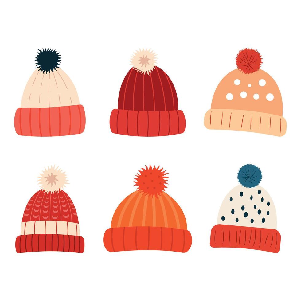 Collection of Cute Warm Winter Knitted Wool Hat with Pom Ball vector